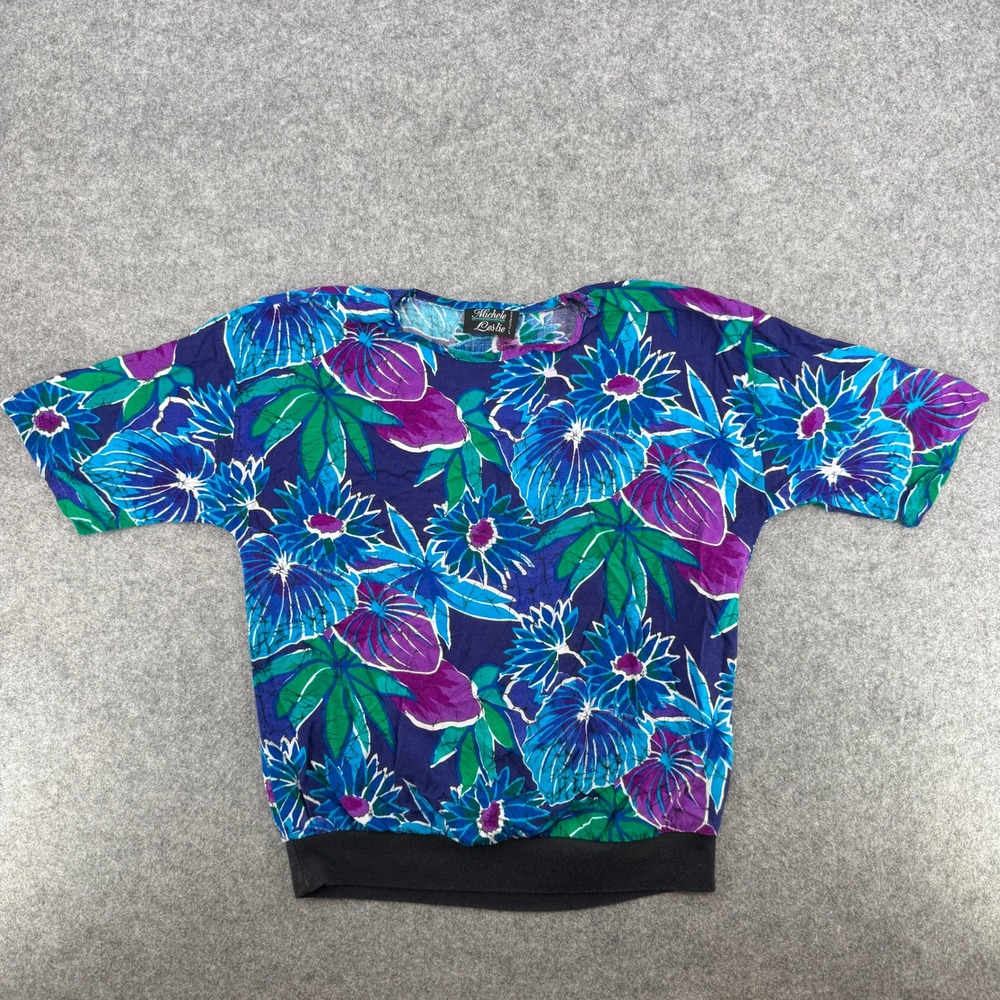 Michele Leslie Top Womens L Vintage Floral Blue Purple Tropical Blouson EUC